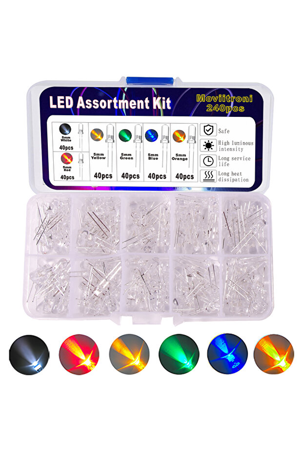 TM5mm-240 240pcs Led Diode Lights Assortment Kit 3mm/5mm Transparent Light Emitting White Green Red