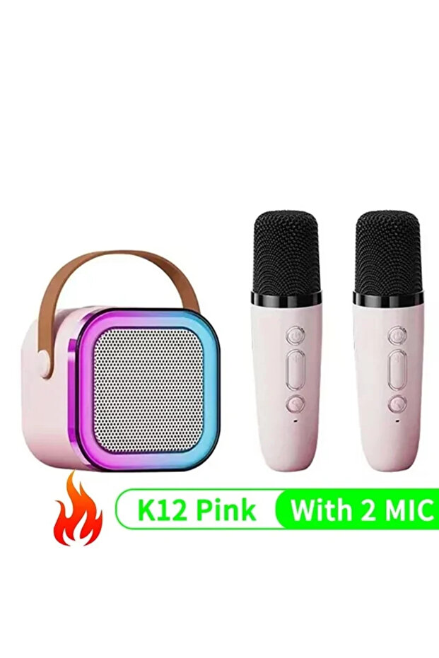 جهاز كاريوكي جديد K12 مزود بميكروفونين لاسلكيين، مكبر صوت بلوتوث محمول، لون وردي - 2MIC-K12