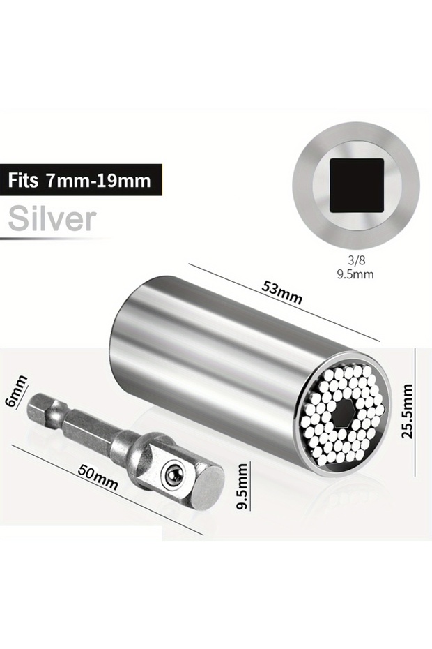 Silver Universal Socket Wrench Set 7-19mm with 3/8-inch Professional Impact Socket Adapter Multi- Nu