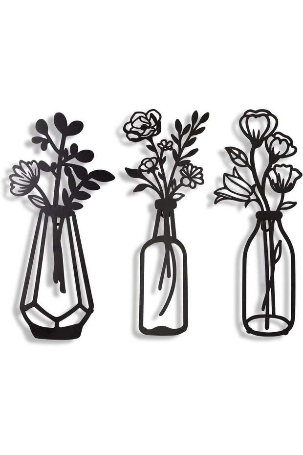 Wooden Wall Art With Self Adhesive Base - Black (Flower Vases - Pack of 3)