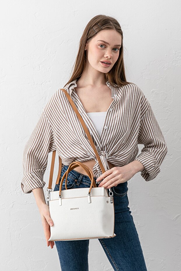 Pera Adjustable Strap, Embossed Lettering, Large Volume Women's White Tan Hand and Shoulder Bag Pbu5404