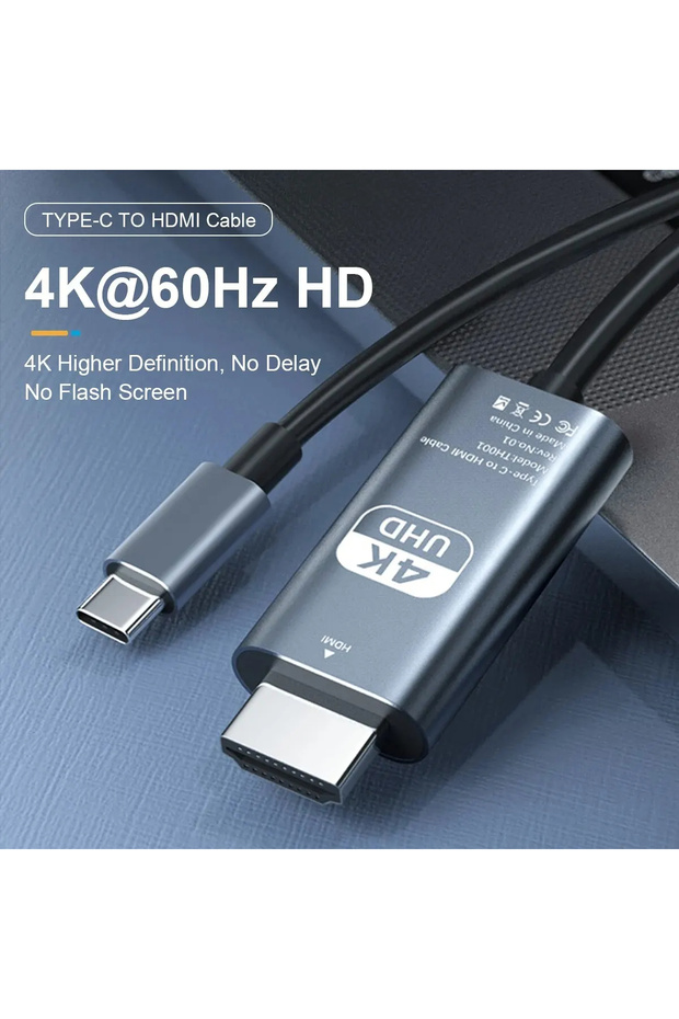 كابل تحويل فيديو عالي الدقة 4K 60 هرتز من نوع Type-C إلى كابل شاشة متطابقة للتلفزيون والكمبيوتر، بطول مترين، مصنوع من مادة PVC مضفرة.