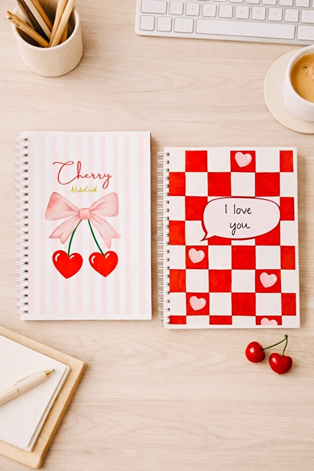 A5 Spiral Cardboard Cover Set of 2 Lined School Notebooks 80 Sheets Cherry