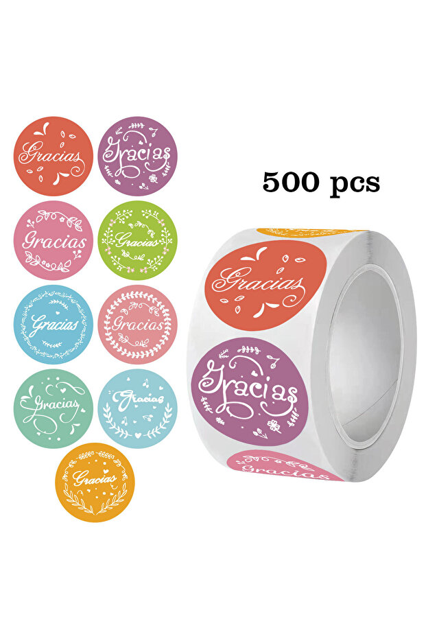 500pcs 500pcsMacaron Color Spanish Thank You Stickers,9Pattern Baking Packaging Round Graffiti Thank