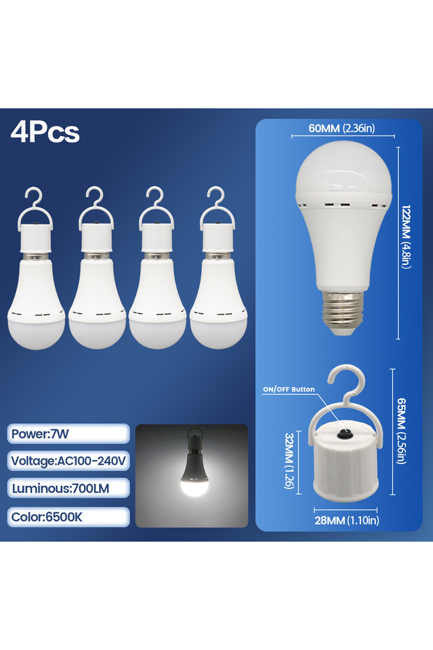 4 مصابيح طوارئ LED قابلة لإعادة الشحن E27، 7 واط، 1500 مللي أمبير، 6500 كلفن، 3 أوضاع إضاءة قابلة للتعتيم، محمولة، قابلة للتعليق