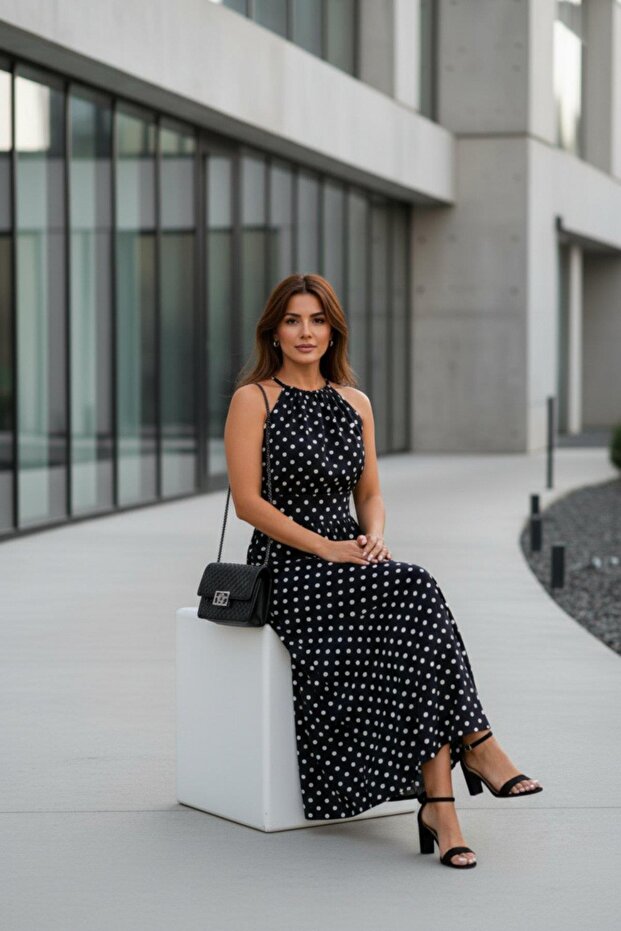 Halter Yaka Puantiyeli Maxi Boy Örme Krep Elbise - 4