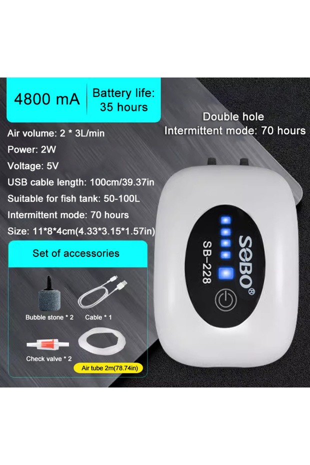 SB228 SOBO Aquarium Fish Tank Oxygen Air Pump Compressor Charging Silent USB with Battery Portable F