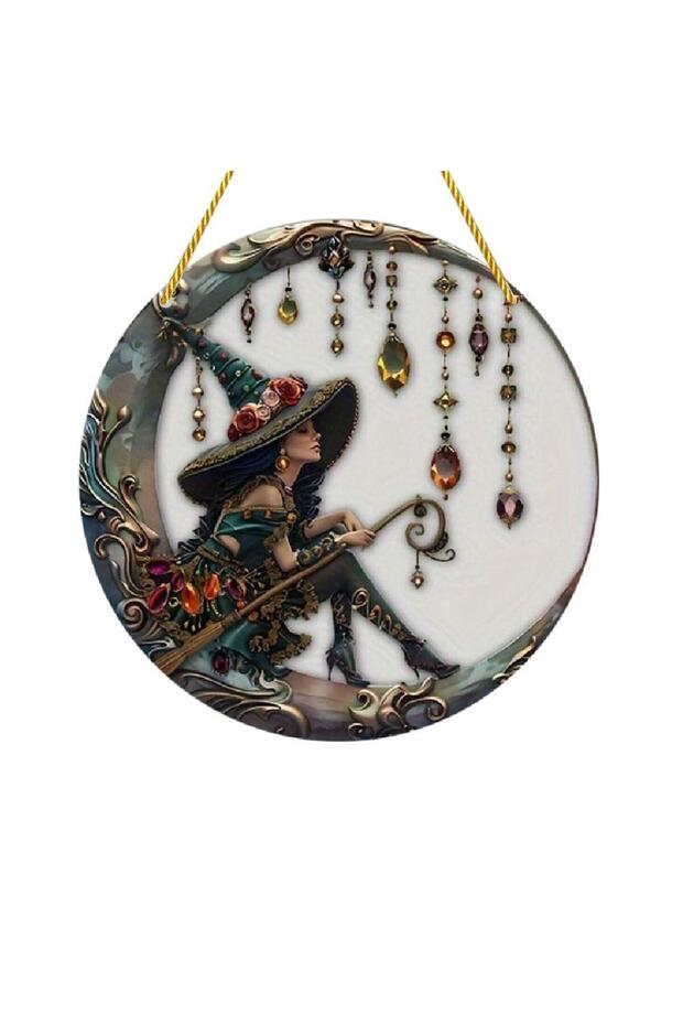 20cm 8x8 inch Charming Moonlight Witch Acrylic Stained Glass Window Hanging Sun Catcher Decor Staine