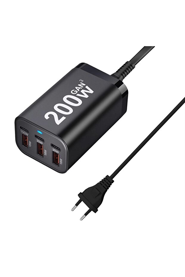 شاحن هاتف محمول سريع من نوع GaN USB-C بستة منافذ، مزود بقابس أوروبي أسود، بقدرة 200 واط، متوافق مع أجهزة iPhone وسلسلة iPhone.