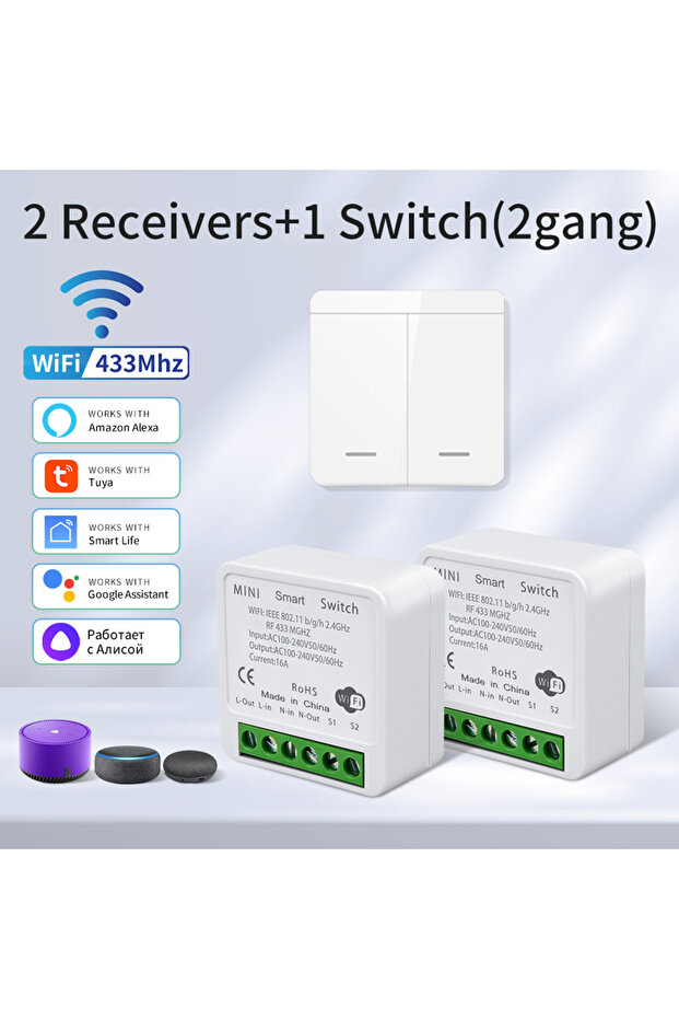 2 جهاز استقبال و1 مفتاح، مفتاح واي فاي ذكي للإضاءة، مفتاح لاسلكي RF433MHz، تحكم صوتي، يعمل مع