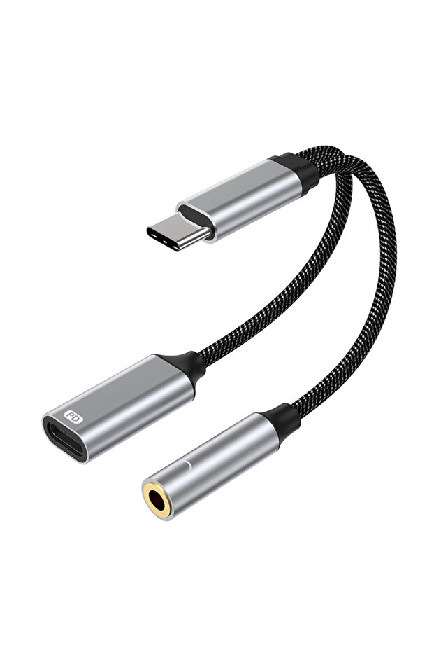 محول صوت سلكي 2 في 1 من نوع USB-C رمادي اللون، إلى منفذ USB-C مزدوج إلى بأسلاك 3.5 ملم، يدعم شحن سريع بقدرة 60 واط.