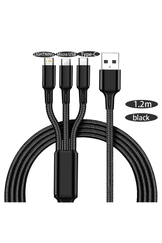 شاحن USB أسود 3 في 1، كابل شحن سريع، كابل متعدد الاستخدامات من النوع C و Micro Lightning لأجهزة iPhone H