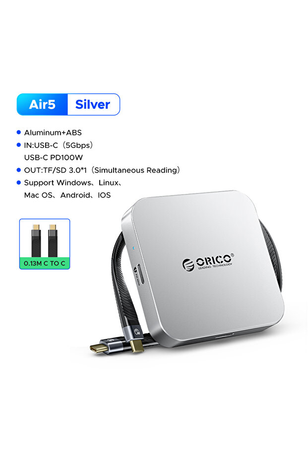 Orico Air5-SV ORICO Magnetic USB C Hub Card Reader 6 IN 1 USB-C to SD/TF Slot Adapter PD100W USB C H