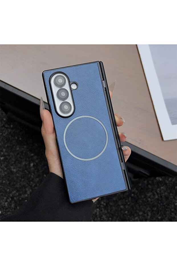 جراب Galaxy Z Fold5 أزرق اللون لهاتف Z Fold 7 و 5 و 4 و 3، بنمط جلد ، مزود بحماية مغناطيسية Magsafe، جراب مغناطيسي لهاتف Z Fold..