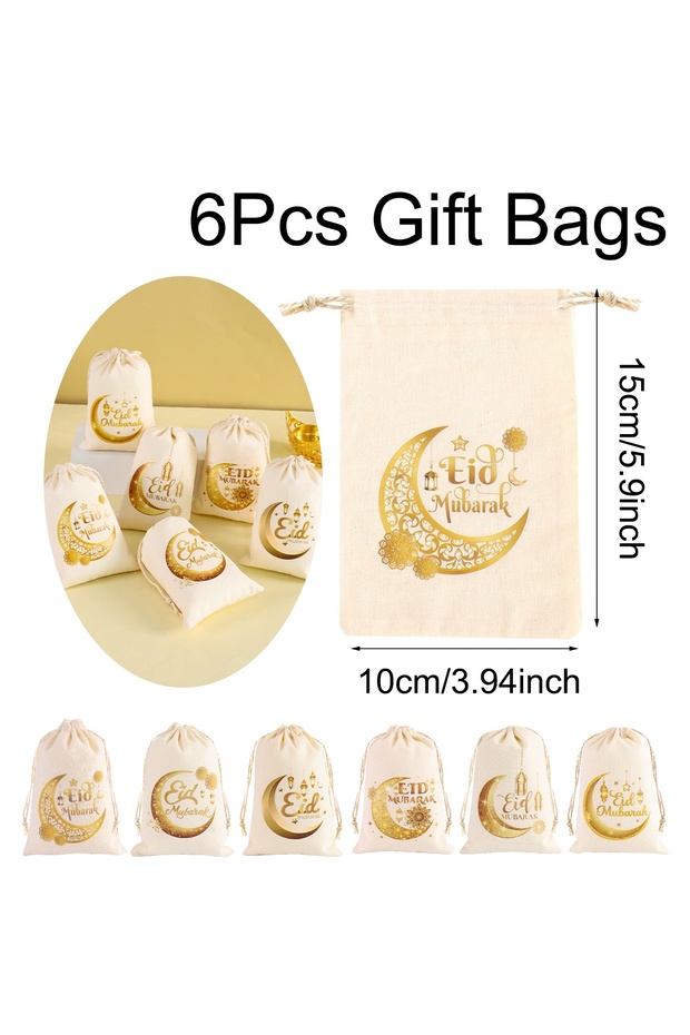 As shown 6pcs 6pcs Eid Mubarak Gift Bags Linen Candy Cookie Bag Ramadan Kareem Decoration 2026 Islam