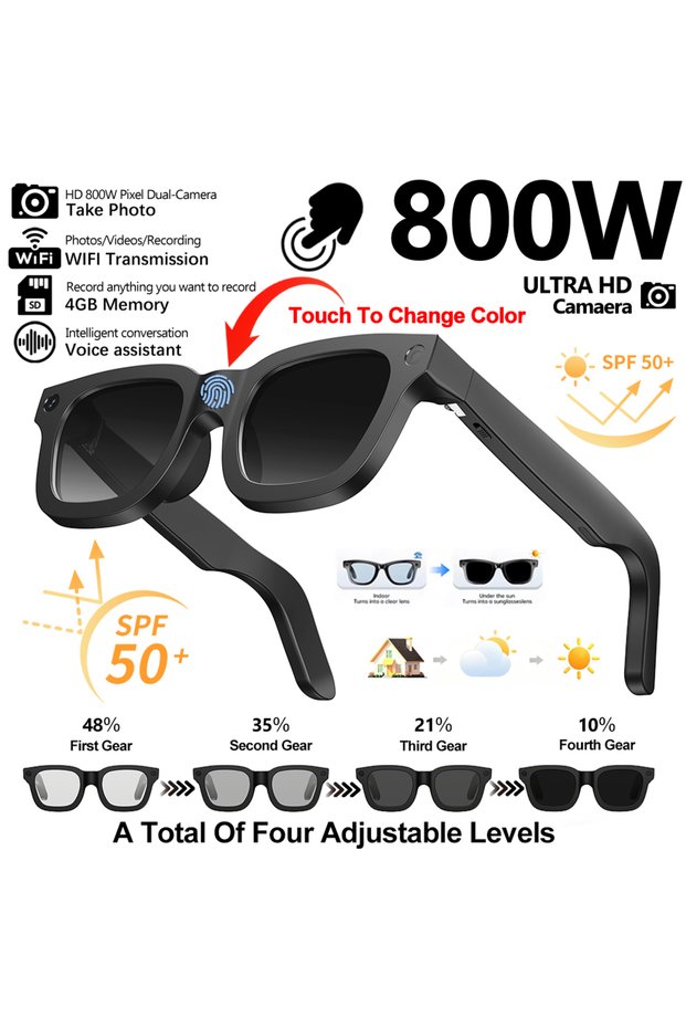 Black Sunglasses 2026 Smart Glasses HD Photo Video OpenAI Record Translation Touch Photochromic Lens