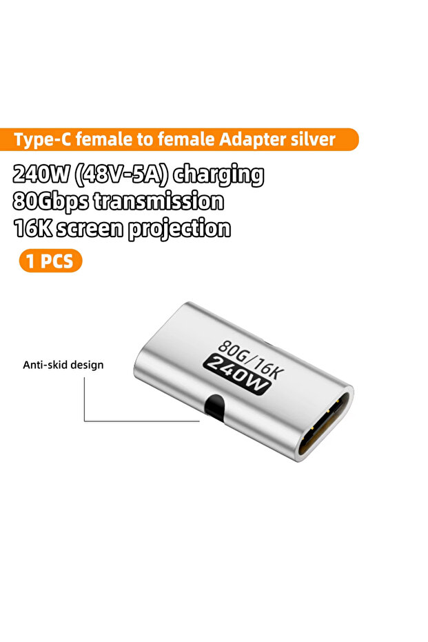 1 Pcs Silver USB4 80Gbps USB C Female to Female Adapter Coupler 240W PD Fast Charging 8K@60Hz Type C