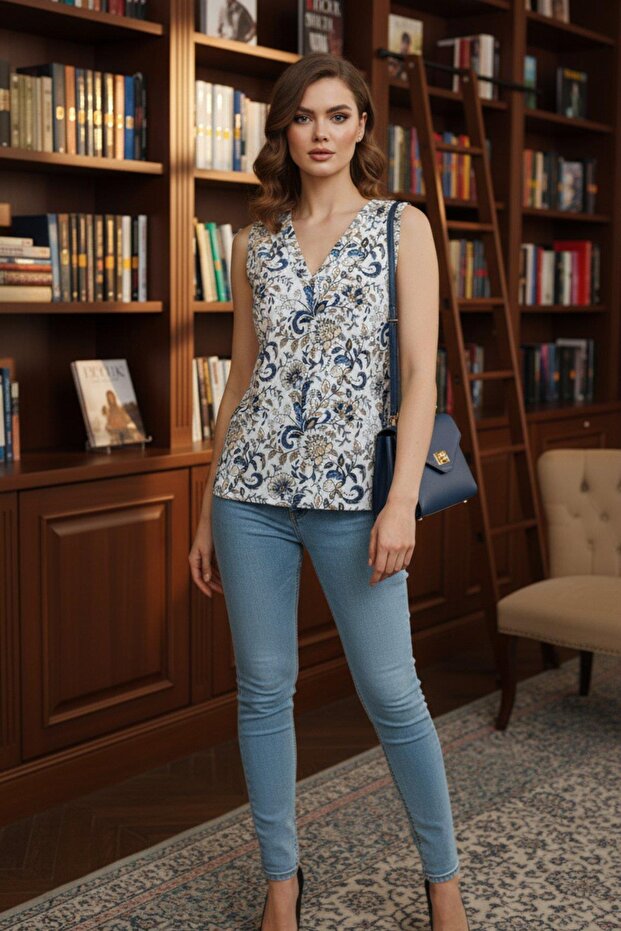 بلوزة جيرسيه منقوشة بدون أكمام وياقة على شكل حرف V - أبيض - 5