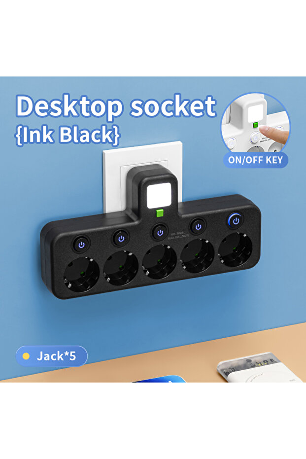 5 مقابس كهربائية سوداء بدون منفذ USB، قابس أوروبي، مقبس متعدد المنافذ، سلك تمديد كهربائي مع منفذ USB
