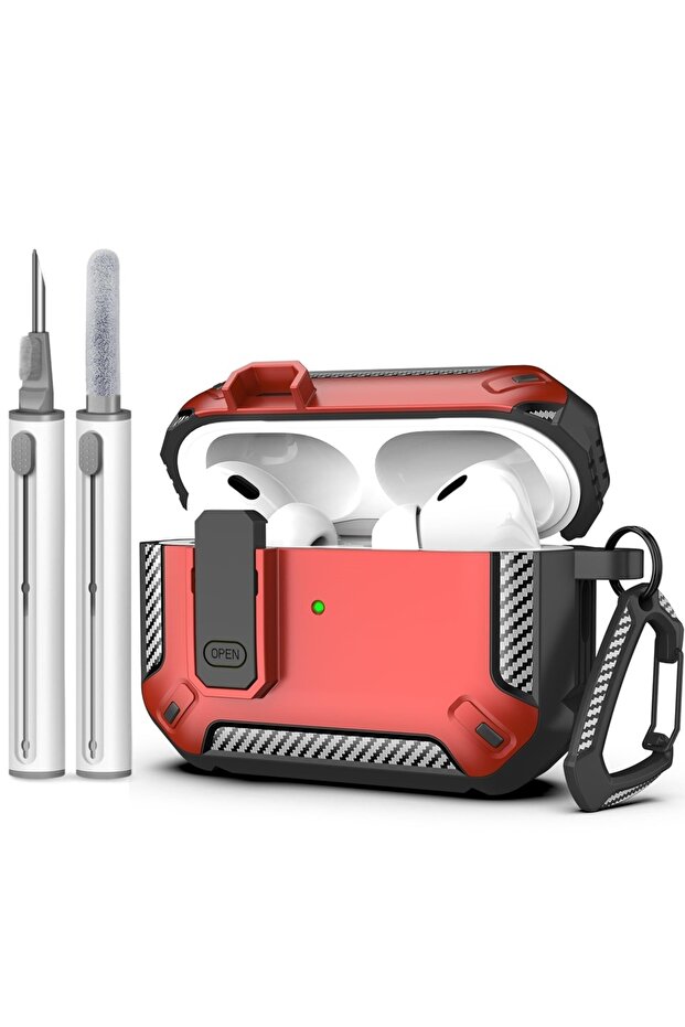 غطاء حماية صلب مقاوم للصدمات لسماعات AirPods Pro 3 باللون الأحمر 2025 مع قفل آمن