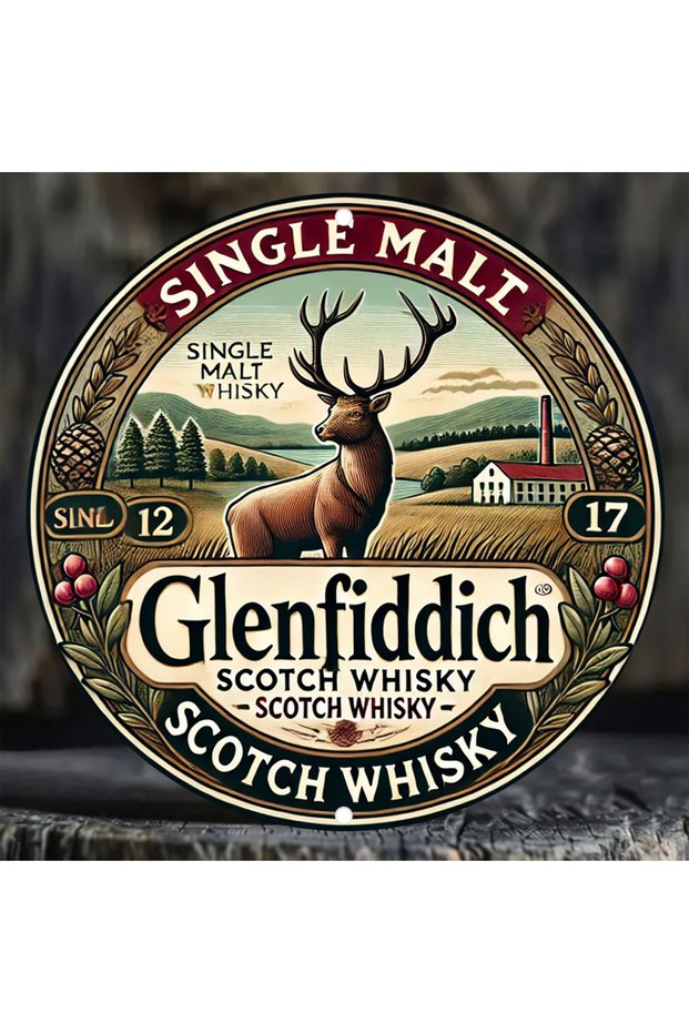 Round 20X20CM 2D Flat, Glenfiddich Scotch Whisky Vintage Metal Wall Art Plaque - 8x8 Inch Aluminum T