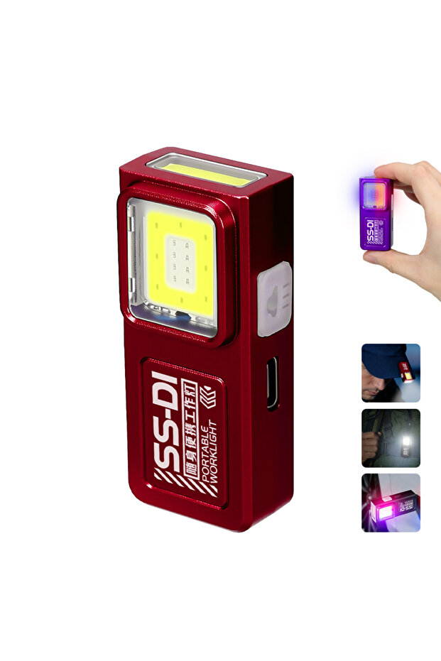 مصباح يدوي صغير قابل لإعادة الشحن عبر منفذ USB مزود بمغناطيس، يعمل بتقنية LED COB حمراء اللون، مصباح عمل صغير محمول مزود بمغناطيس للاستخدام الخارجي