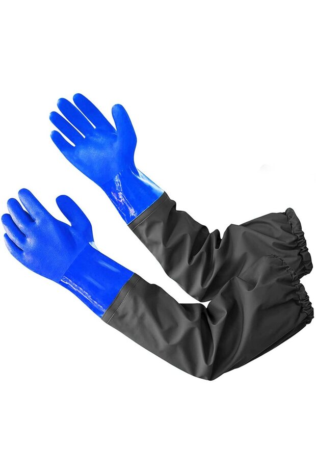 Blue 65CM Long Gloves Thicken Oil/Acid/Alkali Resistant Water Proof Lining Cotton PVC Industrial Reu