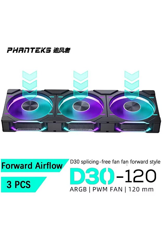 مروحة يحافظ على البرودة هيكل الكمبيوتر PHANTEKS D30-120 مقاس 12 سم بتقنية ARGB، لون أبيض، تعمل باتجاه عقارب الساعة، 3 قطع، سمك 30 مم، بدون توصيل، بإضاءة ARGB، لون أسود.