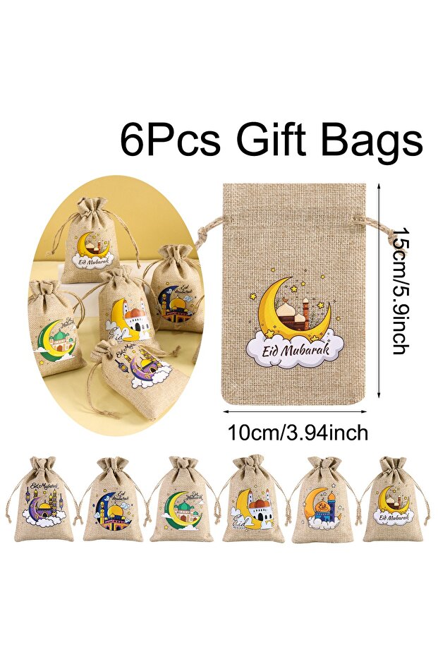 As shown 6pcs 6pcs Eid Mubarak Linen Gift Bags Candy Bags Ramadan Kareem Decoration 2026 Islamic Mus