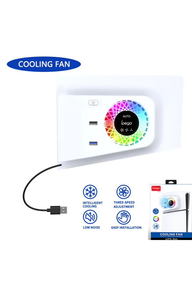 مروحة يحافظ على البرودة بيضاء لجهاز PS5 Slim لمحرك الأقراص/الإصدار الرقمي مع إضاءة RGB/سرعة رياح قابلة للتعديل/ثلاثة
