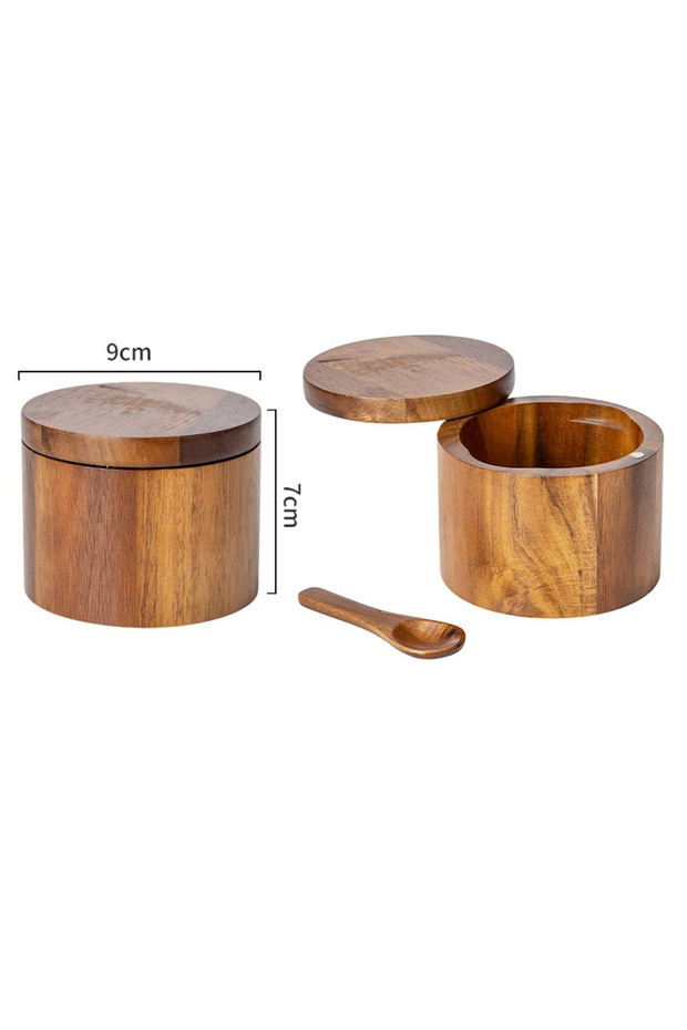 A Acacia Wood Salt and Pepper Bowl Box with Lid and Spoon Acacia Salt Cellar with 360° Swivel Lid .