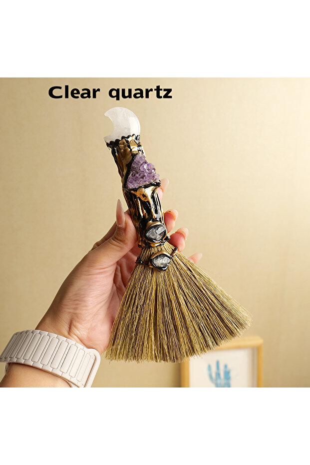 1PC Clear Quartz 1PC Natural Crystal Moon Besom Gem Magic Broom Crafts Reiki Healing Witch Besom Hom