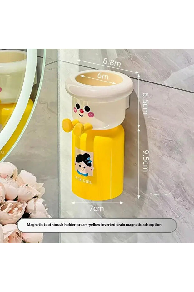 Yellow Set G4722A Cartoon Magnetic Toothbrush Holder Punch-Free Wall Mounted Bathroom Storage Rack G