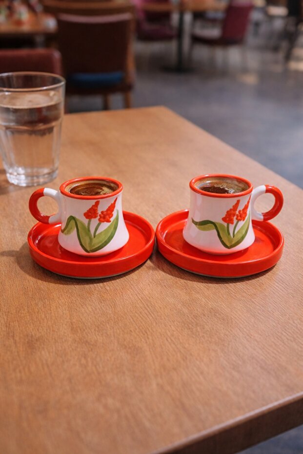 Hand Painted Patterned Turkish Coffee Cup Set for 2 People - Orange Floral Series