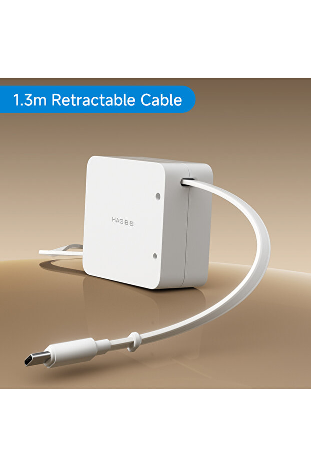 كابل شحن USB-C قابل للسحب من هاجيبس، أبيض اللون، بقوة 100 واط، من النوع C إلى C، أحادي الاتجاه، للاستخدام المكتبي، شحن سريع.