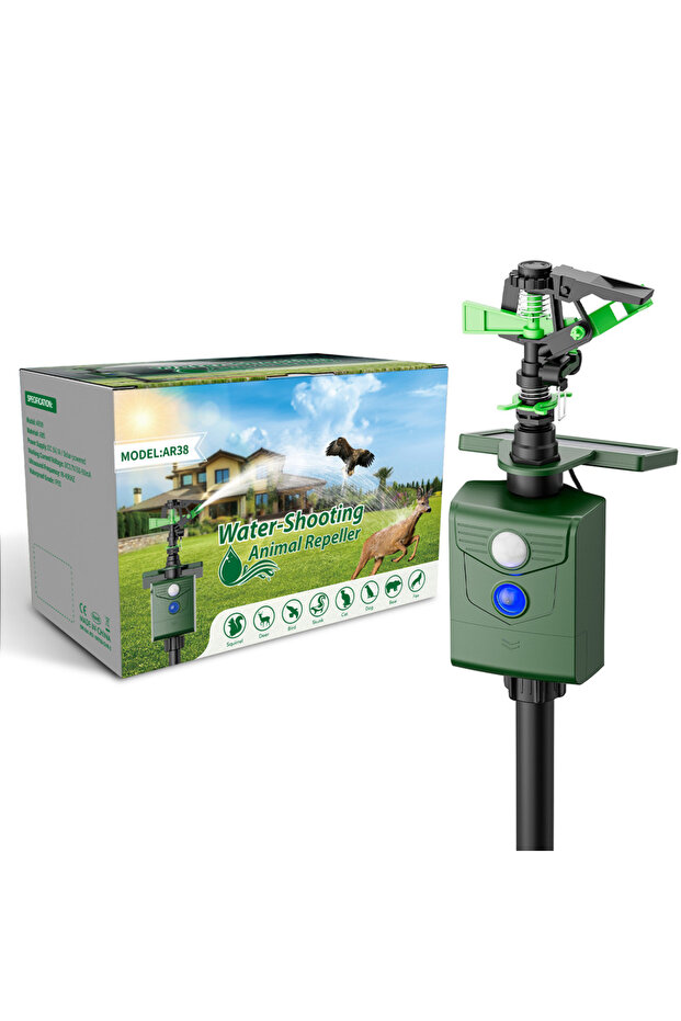 green Motion Activated Animal Repeller with Water Sprinkler and Flashing Light, Solar Powerd Deer Ca