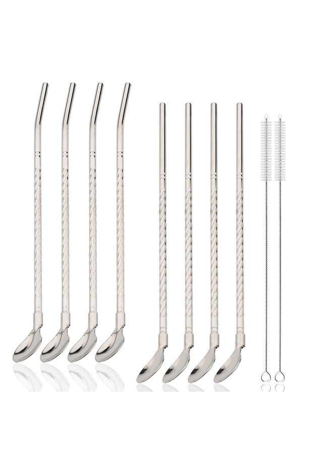 silver 8pcs Milkshakes Cocktails Coffee Juice Straw Set 2-in-1 Stainless Steel Straw Spoon Set Reusa