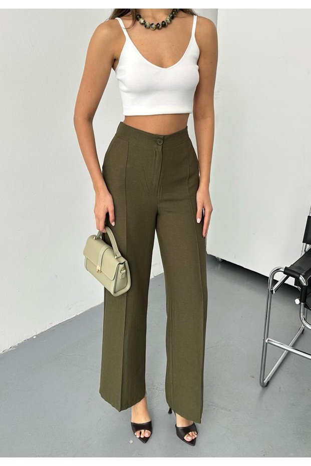 New Season Comfortable Fit Linen Pants with Tubular Waist and Elastic Back