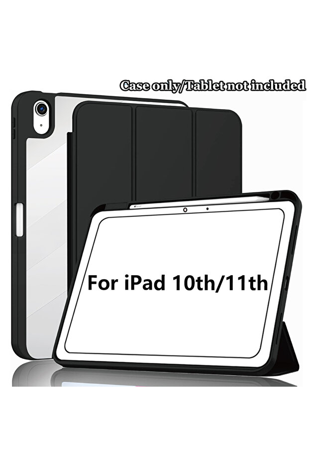 جراب أسود لجهاز iPad 11 (إصدار 2025) مع حامل قلم، قابل للطي ثلاثيًا، مصنوع من أكريليك الشفاف، ذكي