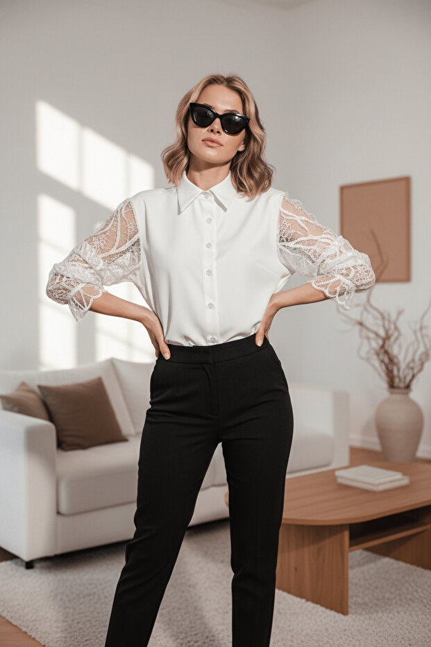 BEYAZ KOLU DANTELLİ BLUZ - 2