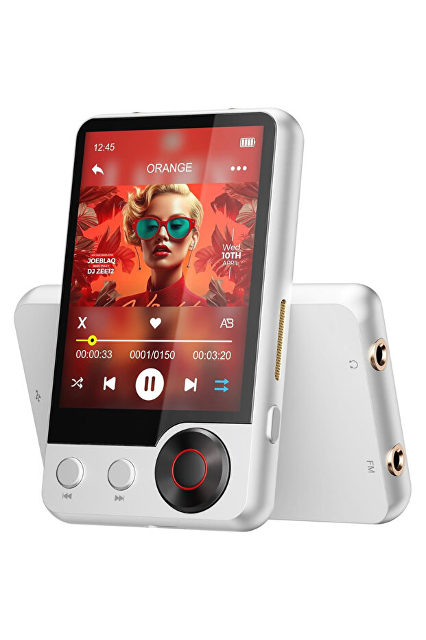 مشغل MP3 أبيض بسعة 128 جيجابايت مزود بتقنية بلوتوث 5.3 محسّنة، ومكبر صوت عالي الدقة، وشاشة لمس 2.4 بوصة.