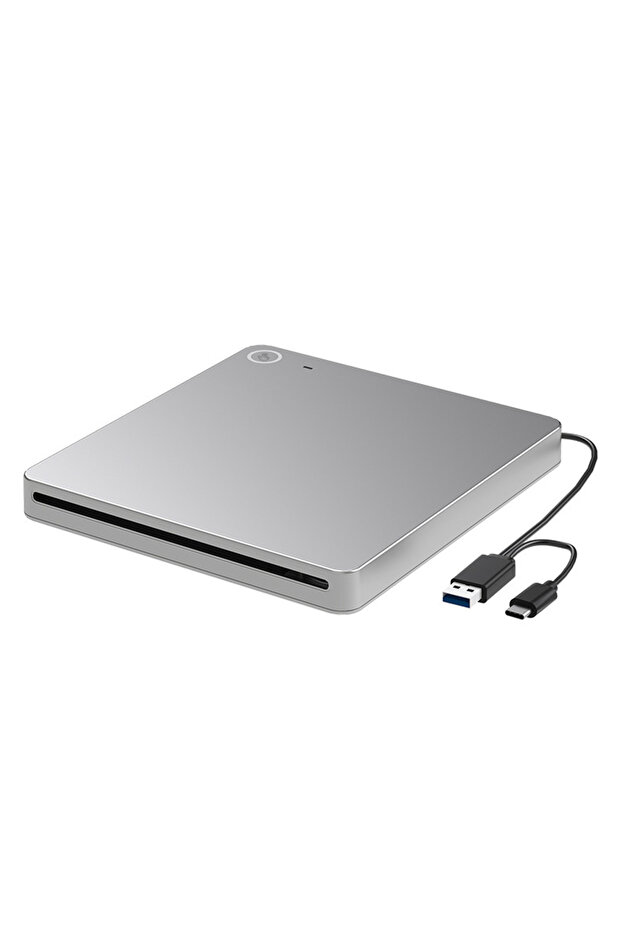 محرك أقراص ضوئية خارجي فضي اللون 2 في 1، مزود بمنفذ USB 3.0 من النوع C، وقارئ أقراص DVD RW عالي السرعة، وقارئ أقراص ضوئية.