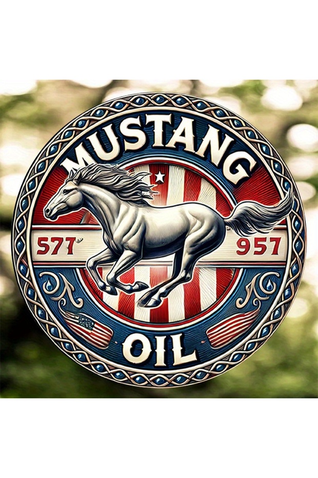 Round 20X20CM [Vintage Metal Sign] Vintage 8-Inch Round Metal Sign - "MUSTANG 577° 957° OIL" with Ru