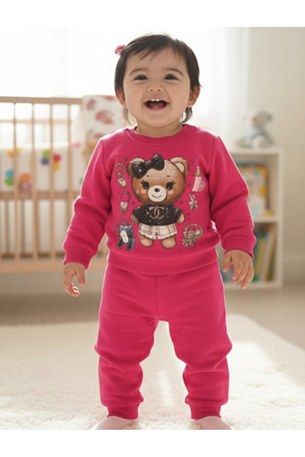 Girl's 3-Thread Tracksuit Set with Teddy Bear