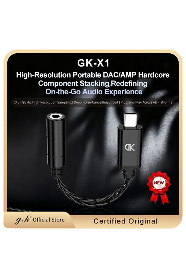 Black GK X1 Adapter Cable DAC Headphone Amplifier Adapter HiFi Headphones Type-C to 3.5mm Audio Cabl