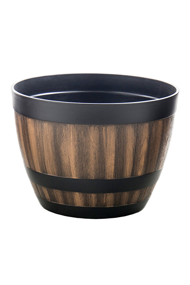9inch 1pc G3900A Durable Plastic Round Elegant Whiskey Barrel-Inspired Planter - Indoor & Outdoor F