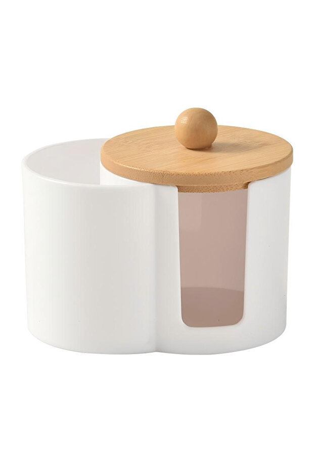 White-RBBL Desk-mounted PS Cotton Swab & Cotton Pad Storage Box with Lid - Dustproof Plastic Contain