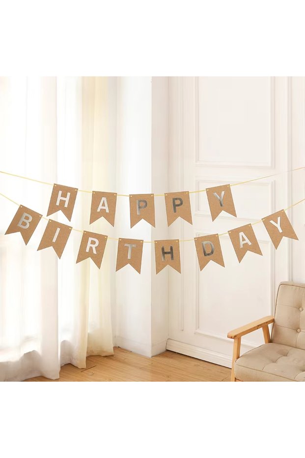 L Silver Happy Birthday Flags Decoration Kraft Paper Banner Party Bunting Garland Set Boy Girl Baby