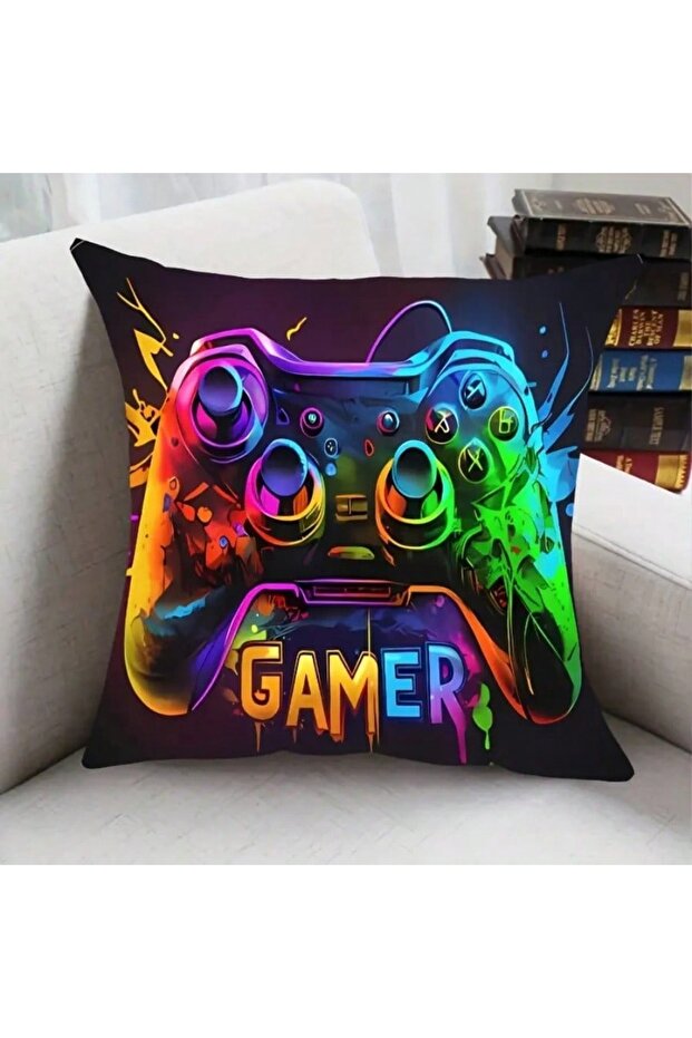 45X45CM 2 Gamer Pillow Cover Joystick Headset Print 18x18in Short Plush Controller Decor Gaming Room