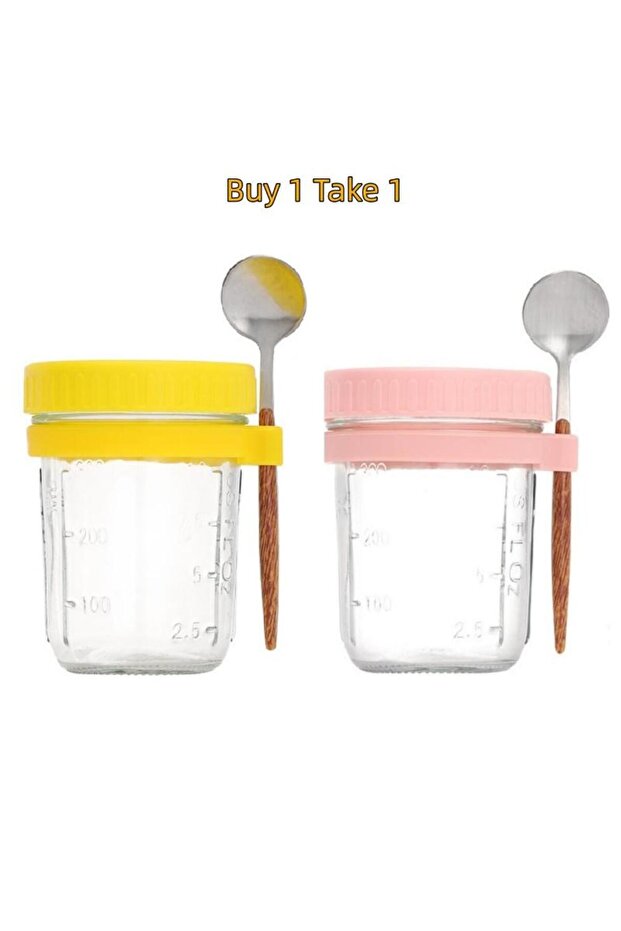 2PCS yellow pink 1/2Pcs 350ml Reusable Glass Overnight Oats Jar with Spoon Oatmeal Container Food St